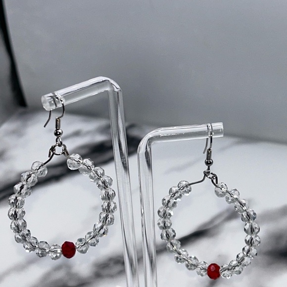 Crystal Hoop Earrings with Red Bead Accent - Picture 3 of 3